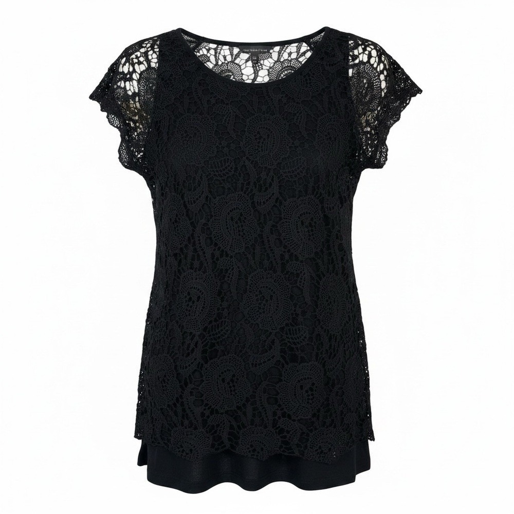Cable & Gauge Short Sleeve Blouse Women Sz M Black Knit Top w/Lace Overlay Lined